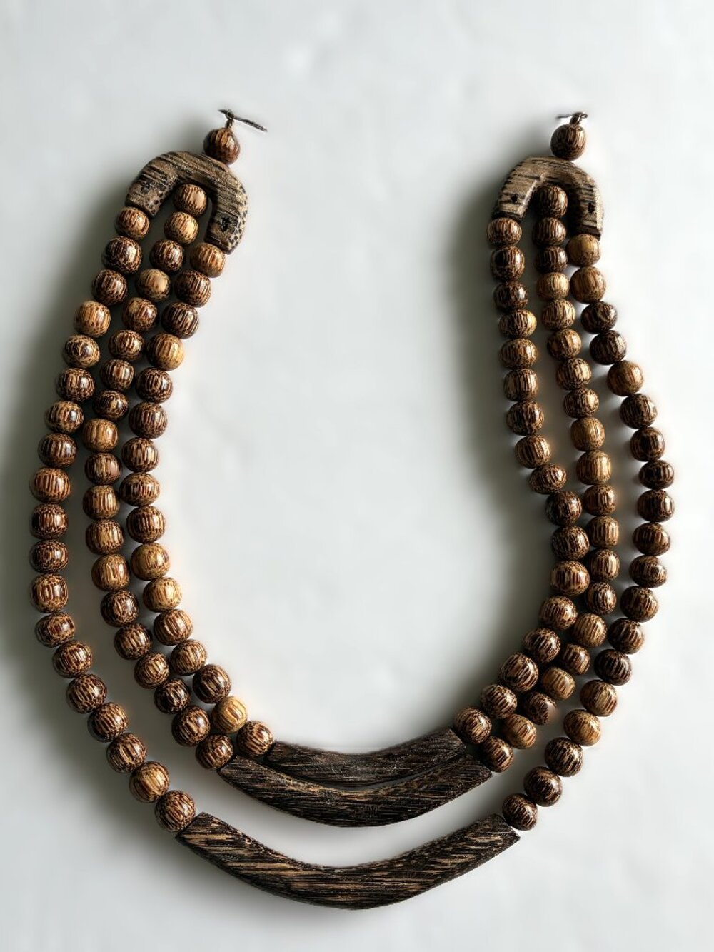 Natural Wood Triple-Strand Bead Necklace